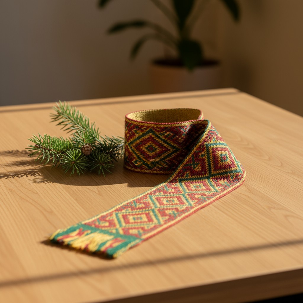An intricately woven multi-colored tapestry with a geometric pattern leans on a light wood table near the white wall, disp...